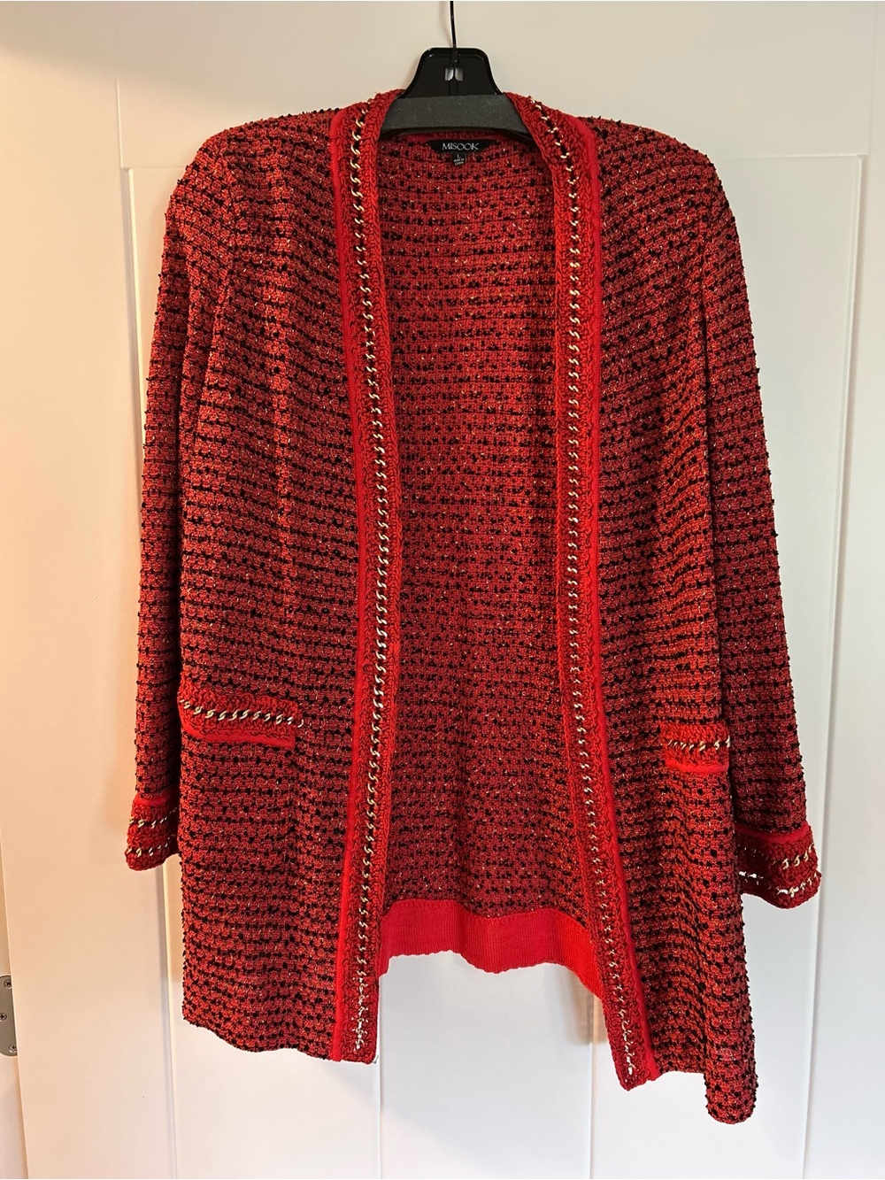 Misook Red Bouclé Open Front Cardigan with Chain Trim